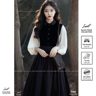 Đầm nữ thiết kế cổ sơ mi sen dáng dài phối tay bồng LUST Váy nữ đen chất liệu cao cấp dày dặn T789