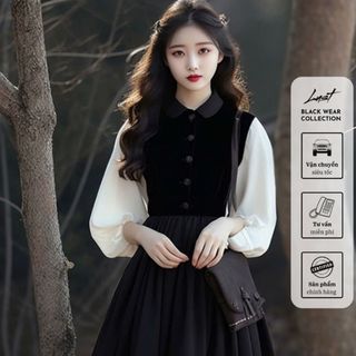 Đầm nữ thiết kế cổ sơ mi sen dáng dài phối tay bồng LUST Váy nữ đen chất liệu cao cấp dày dặn T789