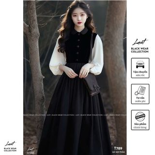 Đầm nữ thiết kế cổ sơ mi sen dáng dài phối tay bồng LUST Váy nữ đen chất liệu cao cấp dày dặn T789