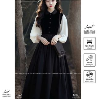 Đầm nữ thiết kế cổ sơ mi sen dáng dài phối tay bồng LUST Váy nữ đen chất liệu cao cấp dày dặn T789