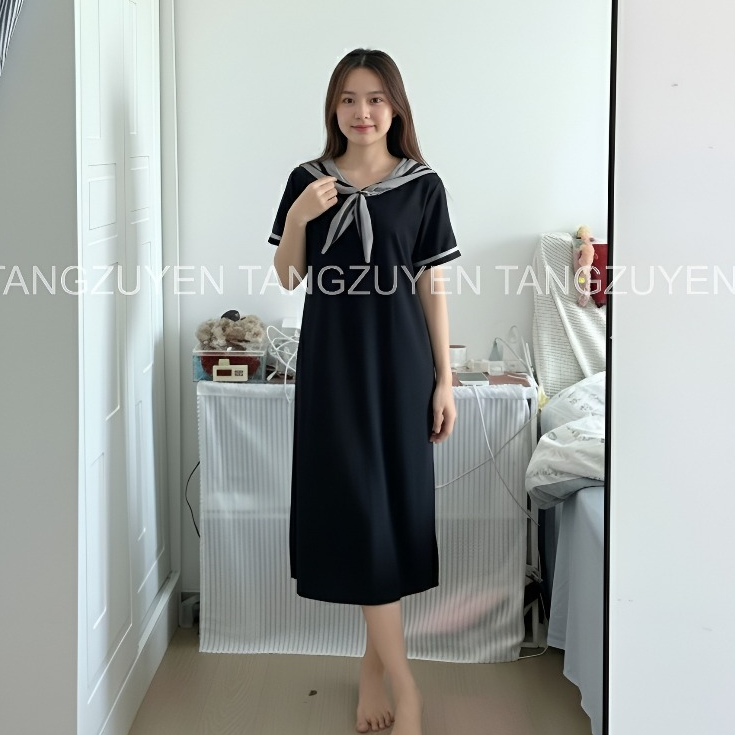 Váy suông dáng dài cổ thủy thủ cộc tay Đầm bầu cổ sen nơ dễ thương bigsize chubby mặc nhà đi chơi basic form rộng T1387G