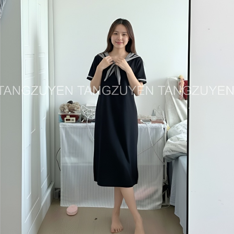 Váy suông dáng dài cổ thủy thủ cộc tay Đầm bầu cổ sen nơ dễ thương bigsize chubby mặc nhà đi chơi basic form rộng T1387G