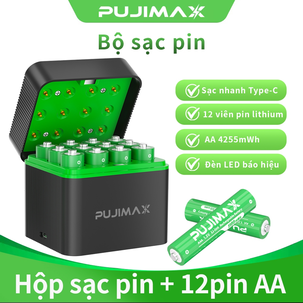 Pujimax Hộp sạc pin Lithium 1.5V Pin 12 Khe AA 4255mWh cổng sạc type C ...