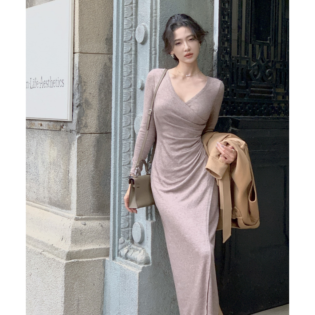 Đầm nữ dài tay Mila cổ V dáng dài quấn nhún eo, vạt chéo tôn dáng chất thun len Mỹ ôm body quyến rũ mặc dự tiệc đi làm