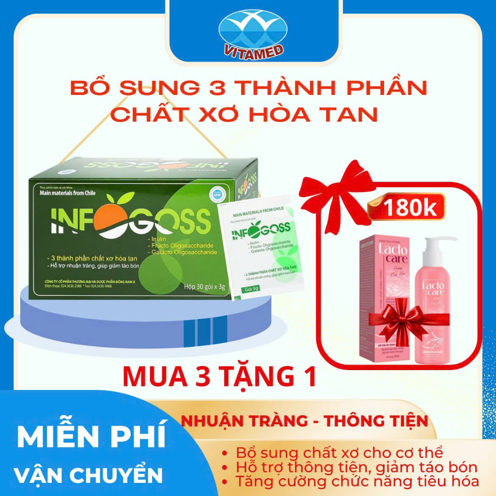 Infogoss 3g IAP - Chất xơ hòa tan hỗ trợ giảm táo bón, nhuận tràng (30 gói)