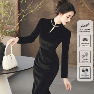 Đầm nữ body nhung thiết kế đuôi cá tôn dáng LUST Sườn xám dài tay phong cách Trung hoa thanh lịch T843