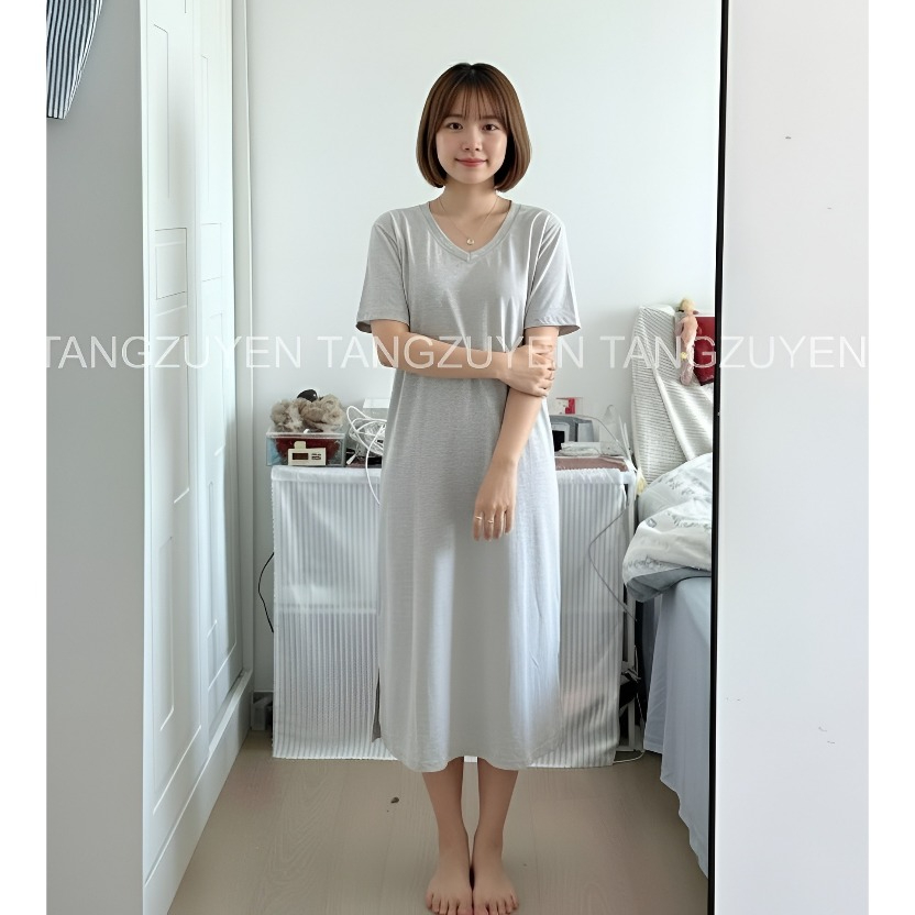 Đầm thun nữ đơn giản Váy suông cộc tay cổ tim form rộng chất thun cotton dày dặn đen trắng basic xẻ tà T676G