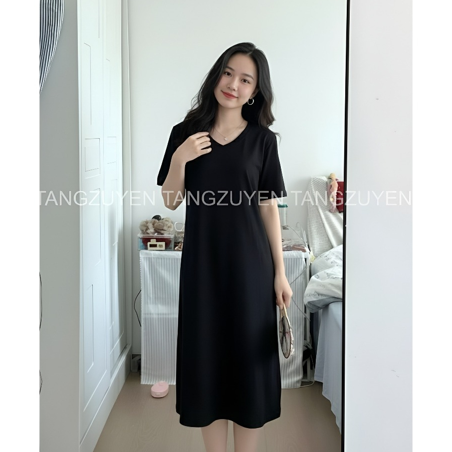Đầm thun nữ đơn giản Váy suông cộc tay cổ tim form rộng chất thun cotton dày dặn đen trắng basic xẻ tà T676G