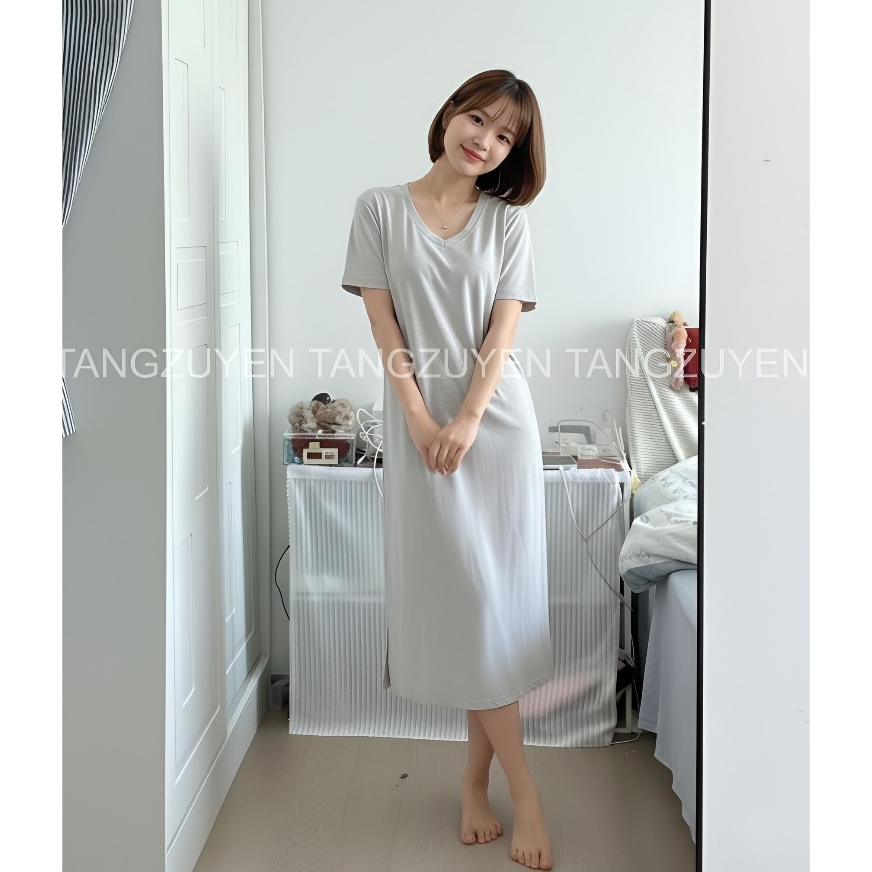 Đầm thun nữ đơn giản Váy suông cộc tay cổ tim form rộng chất thun cotton dày dặn đen trắng basic xẻ tà T676G