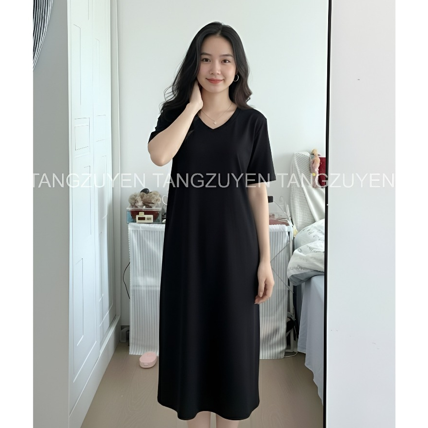 Đầm thun nữ đơn giản Váy suông cộc tay cổ tim form rộng chất thun cotton dày dặn đen trắng basic xẻ tà T676G
