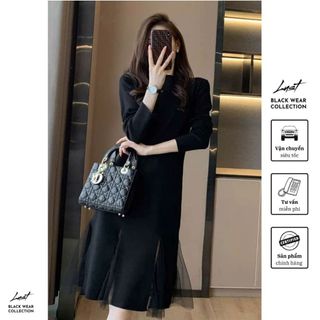 Đầm nữ dài tay đen phối voan phong cách thanh lịch LUST Váy nữ chất Umi cao cấp dày dặn QD347