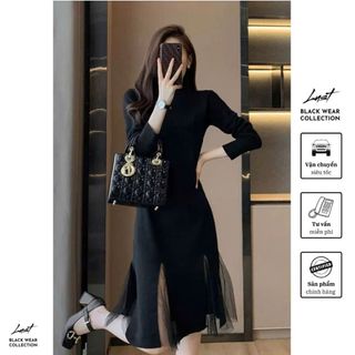 Đầm nữ dài tay đen phối voan phong cách thanh lịch LUST Váy nữ chất Umi cao cấp dày dặn QD347