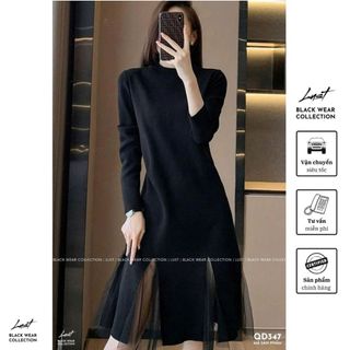 Đầm nữ dài tay đen phối voan phong cách thanh lịch LUST Váy nữ chất Umi cao cấp dày dặn QD347