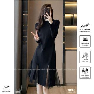 Đầm nữ dài tay đen phối voan phong cách thanh lịch LUST Váy nữ chất Umi cao cấp dày dặn QD347