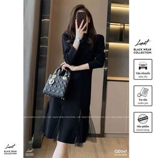Đầm nữ dài tay đen phối voan phong cách thanh lịch LUST Váy nữ chất Umi cao cấp dày dặn QD347