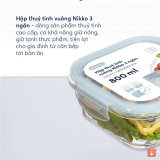 Hộp đựng thực phẩm thủy tinh vuông Nikko Inochi – không BPA, chịu lực tốt, an toàn sức khỏe