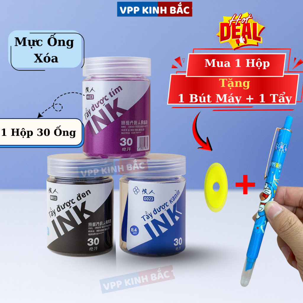 Mực Ink Xóa ( 30 ống ) Tằng Kèm 1 Bút Máy + 1 Tẩy Tiện Ích Dùng Cho Học Sinh.