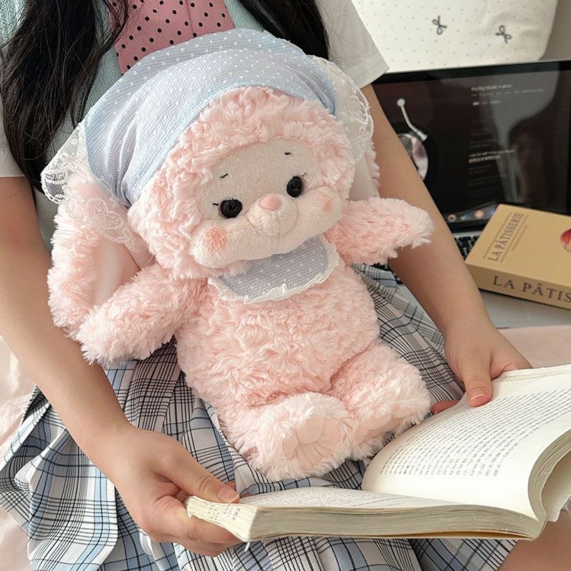 Gấu Bông Thỏ Hồng Đội Khăn Đeo Yếm Ren Siêu Cấp Dễ Thương, Thú Nhồi Bông Thỏ Lông Xoăn Mềm Mại Quà Tặng Cho Bé