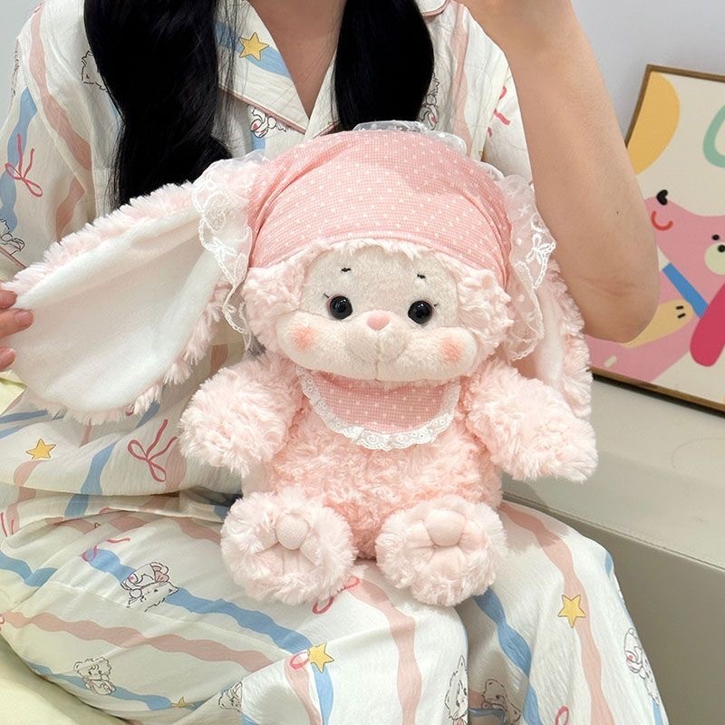 Gấu Bông Thỏ Hồng Đội Khăn Đeo Yếm Ren Siêu Cấp Dễ Thương, Thú Nhồi Bông Thỏ Lông Xoăn Mềm Mại Quà Tặng Cho Bé