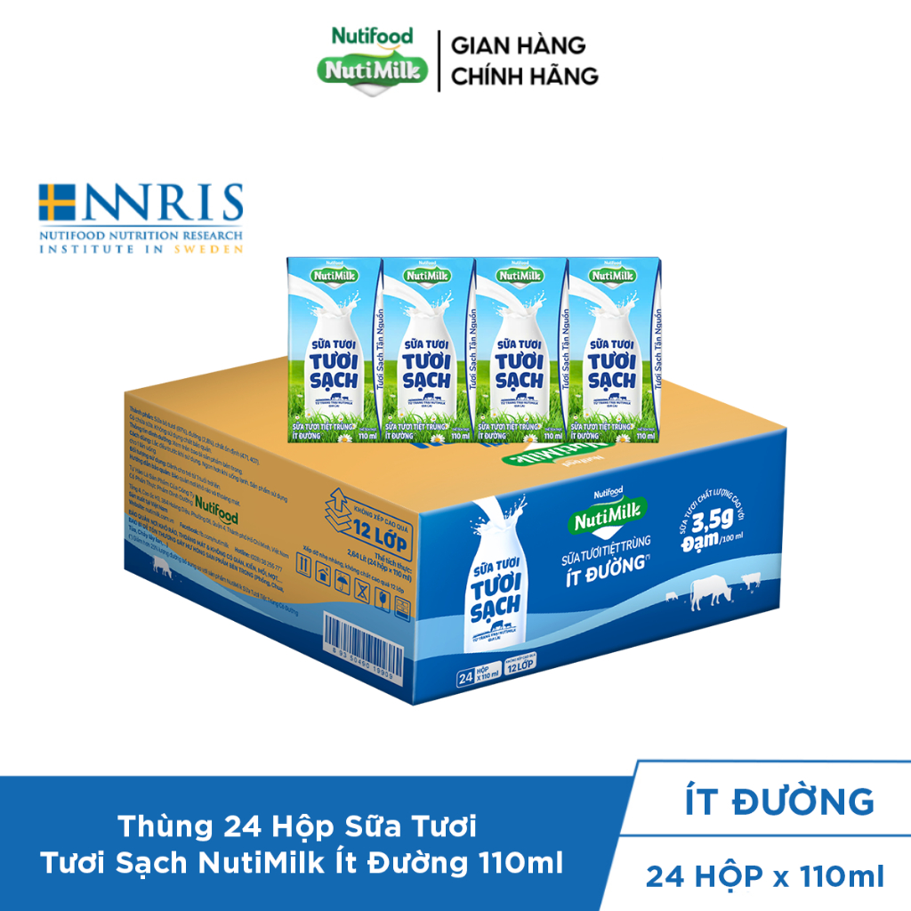 Thùng 24 Hộp Sữa Tươi Tươi Sạch NutiMilk Ít Đường Hộp 110ml