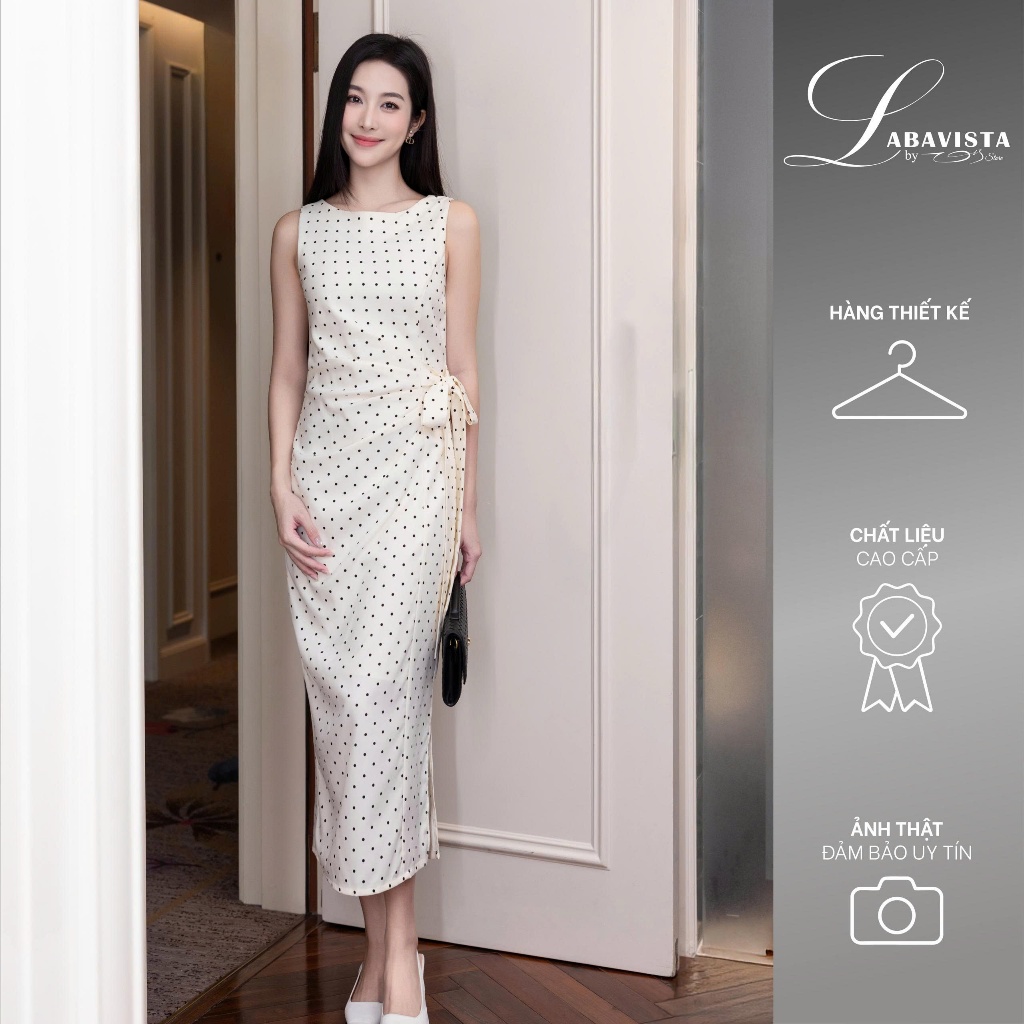 LABAVISTA Đầm lụa kem chấm bi xếp ly bên eo tinh tế có lót trong phong cách thanh lịch trẻ trung
