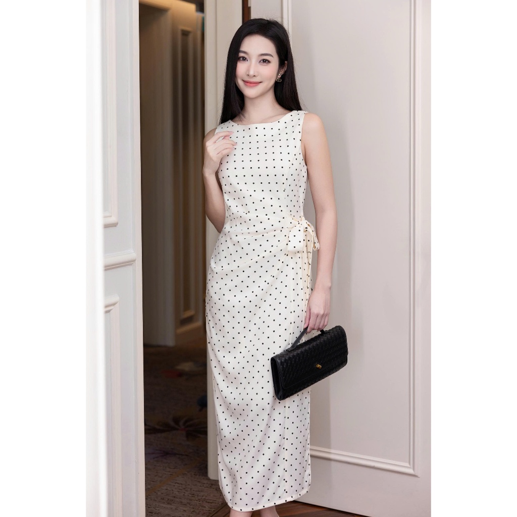 LABAVISTA Đầm lụa kem chấm bi xếp ly bên eo tinh tế có lót trong phong cách thanh lịch trẻ trung