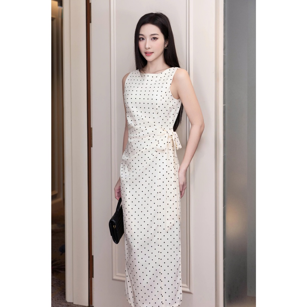 LABAVISTA Đầm lụa kem chấm bi xếp ly bên eo tinh tế có lót trong phong cách thanh lịch trẻ trung