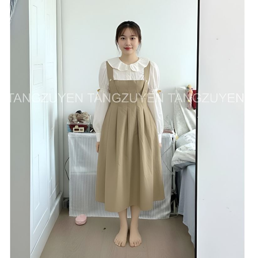 Váy phối yếm Đầm sơ mi cổ sen dài tay đính nơ  2 dây nâu dáng rộng dễ thương nữ suông bầu mặc được cute xinh T1096G