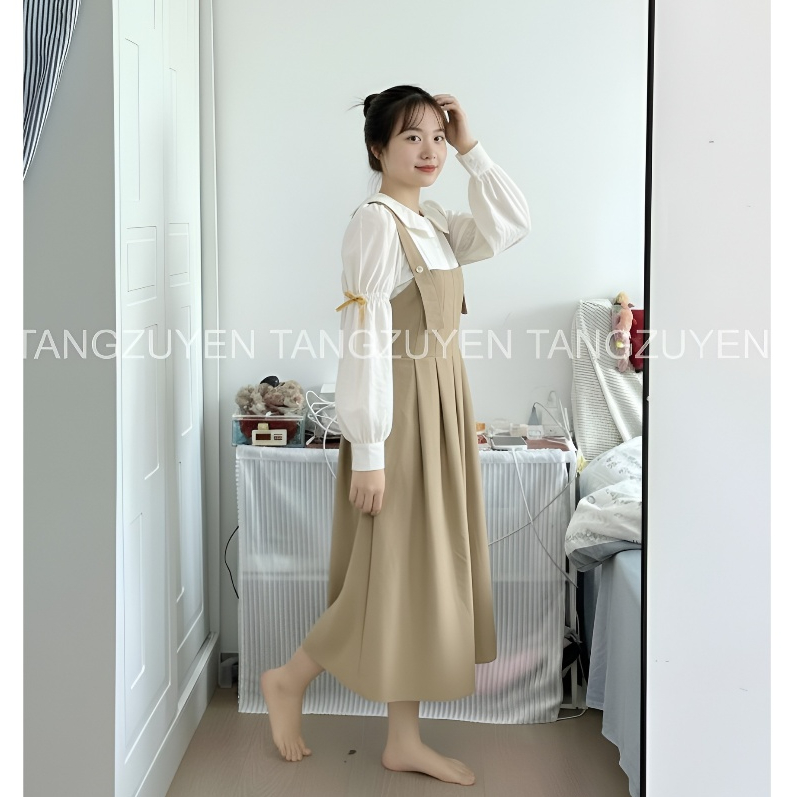 Váy phối yếm Đầm sơ mi cổ sen dài tay đính nơ  2 dây nâu dáng rộng dễ thương nữ suông bầu mặc được cute xinh T1096G