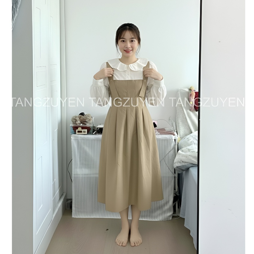 Váy phối yếm Đầm sơ mi cổ sen dài tay đính nơ  2 dây nâu dáng rộng dễ thương nữ suông bầu mặc được cute xinh T1096G