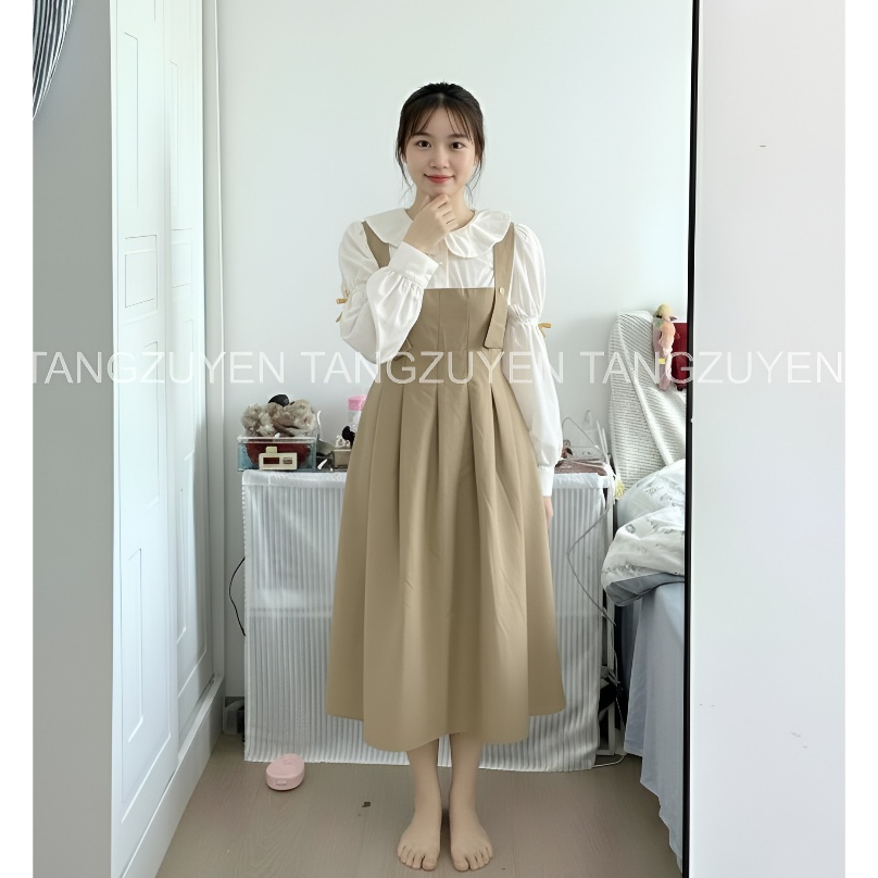 Váy phối yếm Đầm sơ mi cổ sen dài tay đính nơ  2 dây nâu dáng rộng dễ thương nữ suông bầu mặc được cute xinh T1096G
