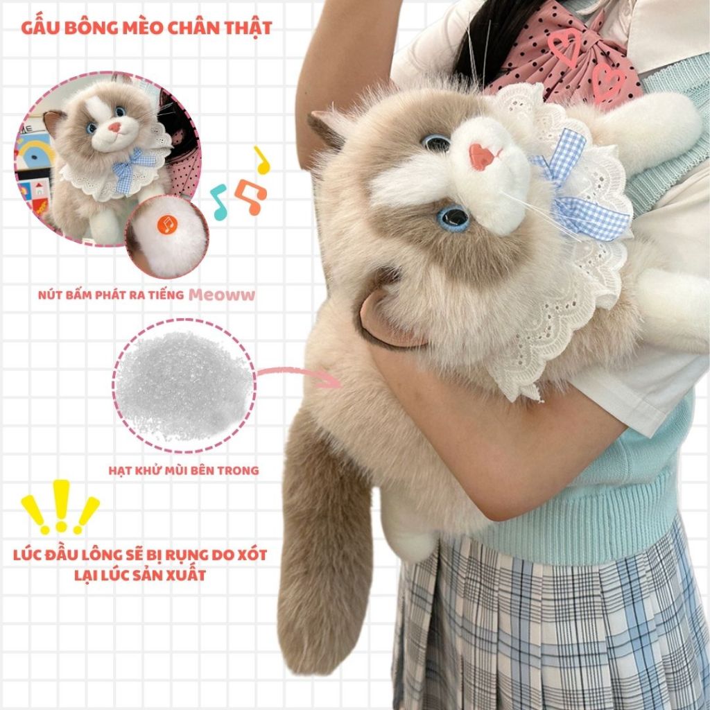 Gấu Bông Con Mèo Giống Thật Có Phát Tiếng Kêu Lông Dài Mềm Mại Như Lông Thật Làm Đồ Chơi ,Quà Tặng Cho Bạn Gái,Cho Bé