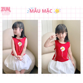 Váy Bé Gái Dáng Bí In Hoa Cúc Khuyết Cánh AZD556 – Thân Áo Thun Cotton Mềm, Tùng Váy Cotton Bung Xinh