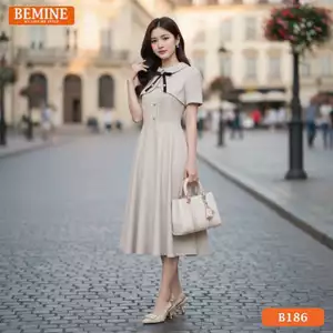 Đầm thiết kế BEMINE cổ sen đính nơ dáng chữ A phù hợp đi chơi, đi tiệc-B186