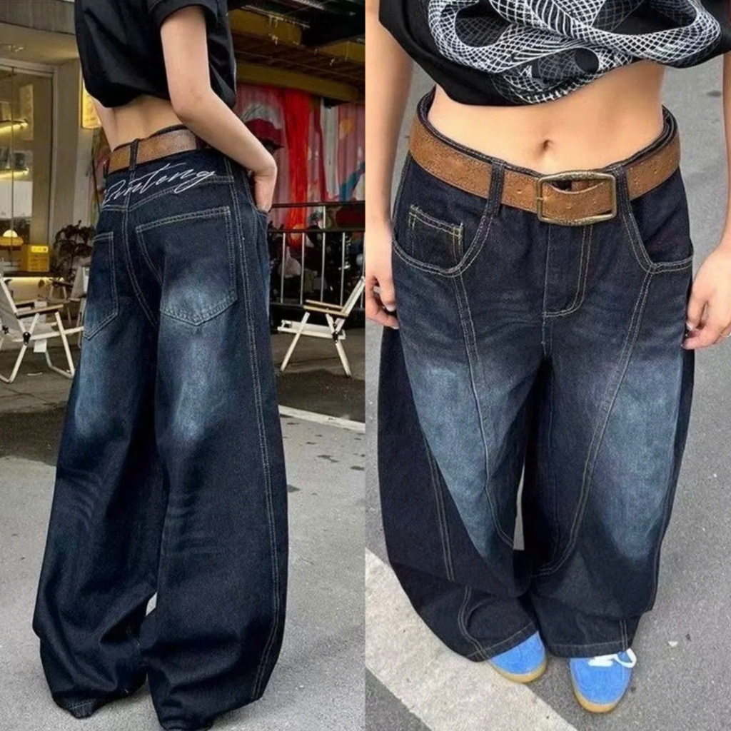 (sẵn) Quần jean ống rộng cong màu xanh đen wash hoạ tiết chữ thêu lưng QJ018 - Tiktik