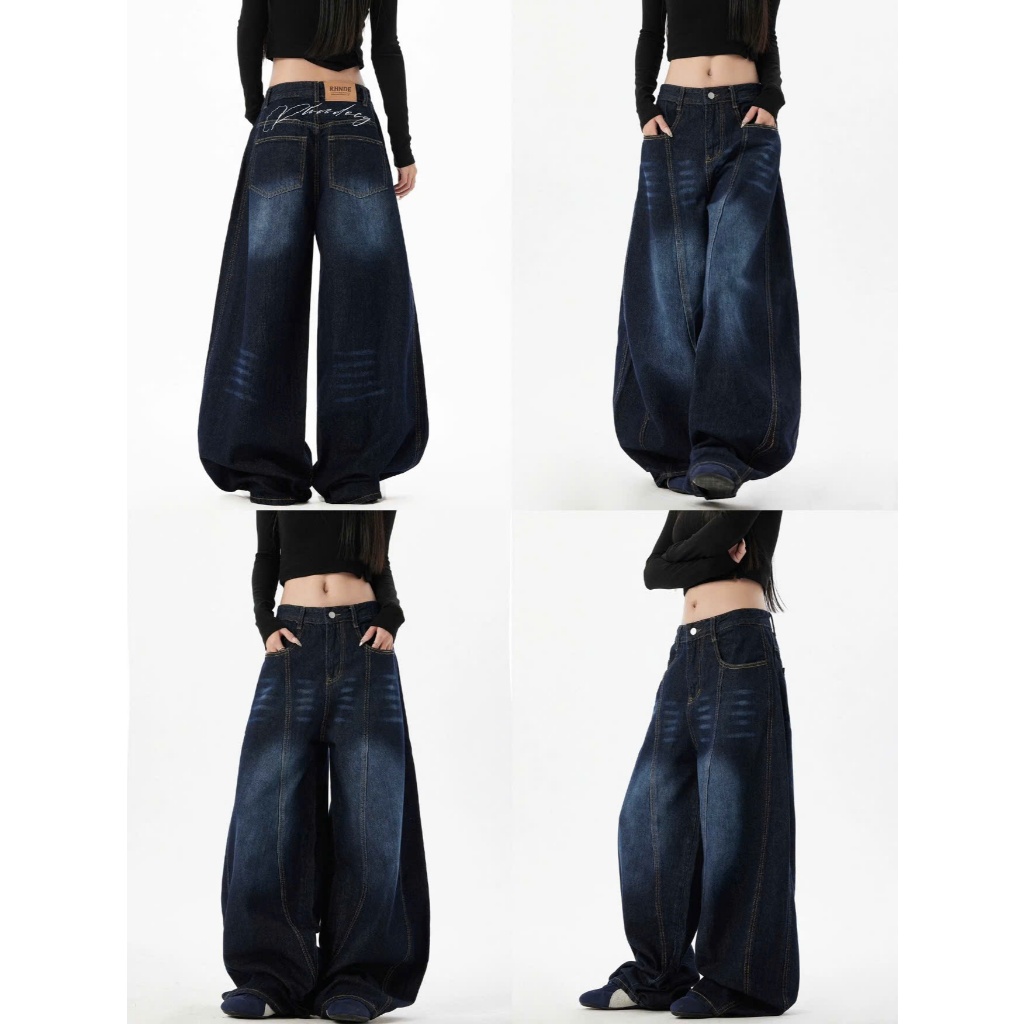 (sẵn) Quần jean ống rộng cong màu xanh đen wash hoạ tiết chữ thêu lưng QJ018 - Tiktik