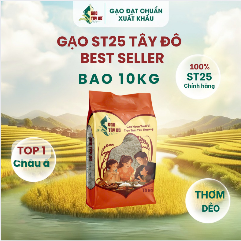 [ST10] Gạo ST25 Tây Đô Kim Cương 10kg - Thơm Dẻo, Mềm Ngọt, Tơi Cơm