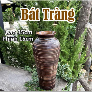 Bình hoa gốm dáng đùi dế men nâu mộc và xanh hoả biến cao 35cm Gốm sứ Bát Tràng