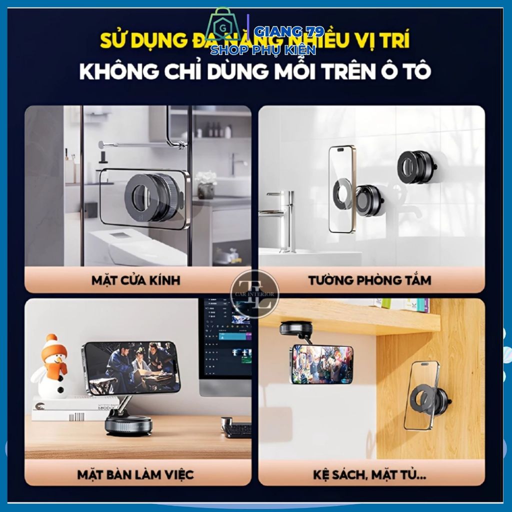Giá Đỡ Điện Thoại Từ Tính Trên Xe Hơi K007 Đế  Hút Chân Không, Xoay 360. Gập 180