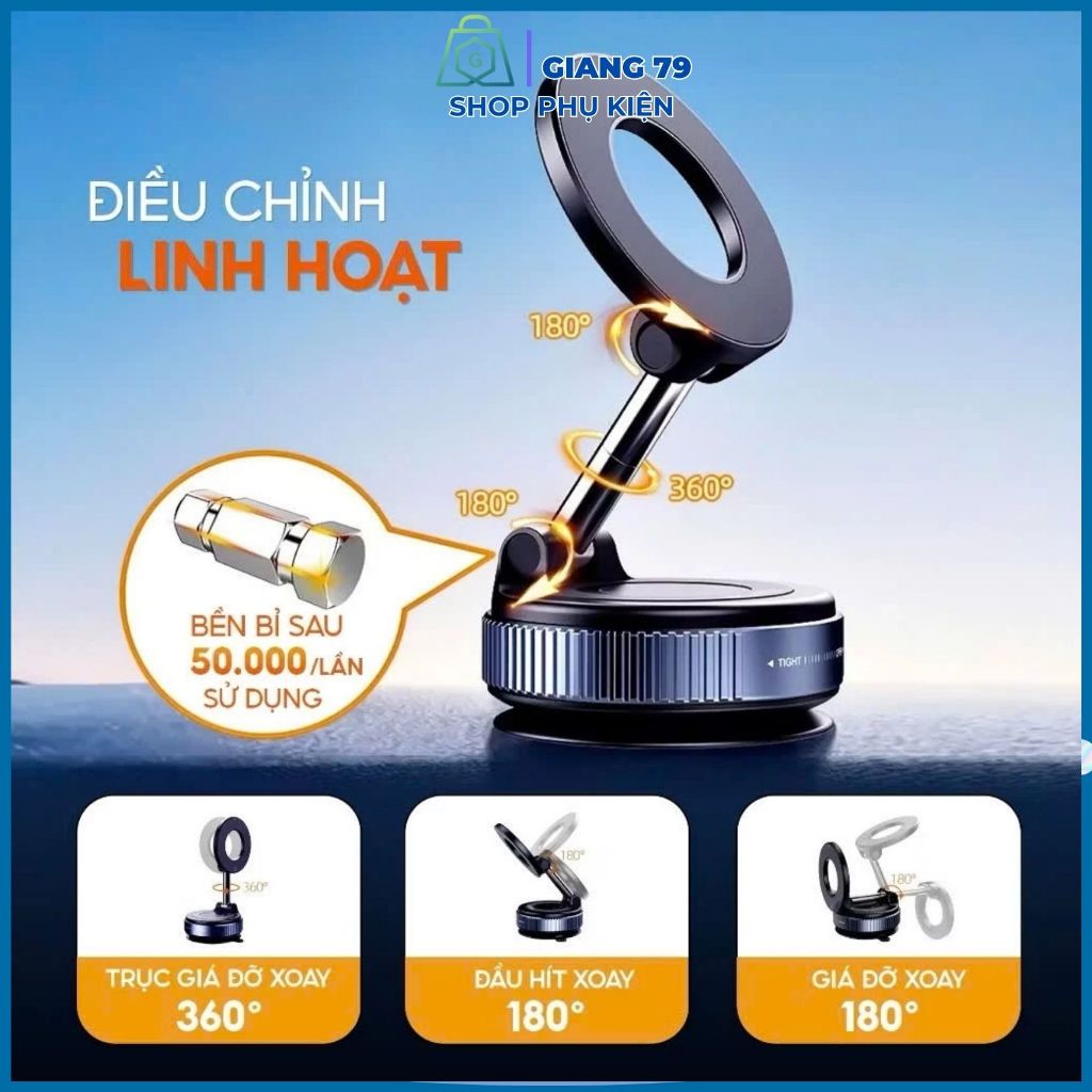Giá Đỡ Điện Thoại Từ Tính Trên Xe Hơi K007 Đế  Hút Chân Không, Xoay 360. Gập 180
