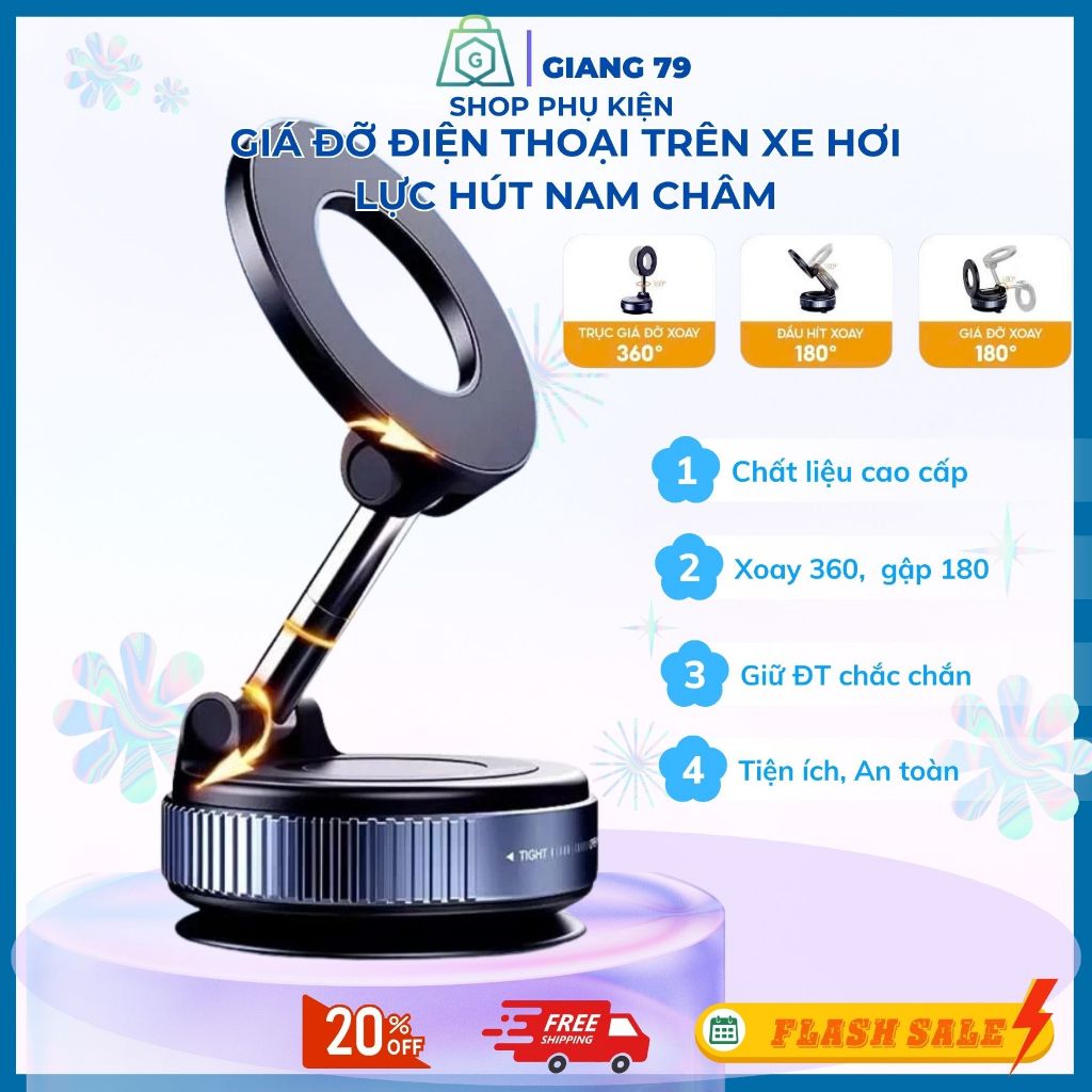 Giá Đỡ Điện Thoại Từ Tính Trên Xe Hơi K007 Đế  Hút Chân Không, Xoay 360. Gập 180