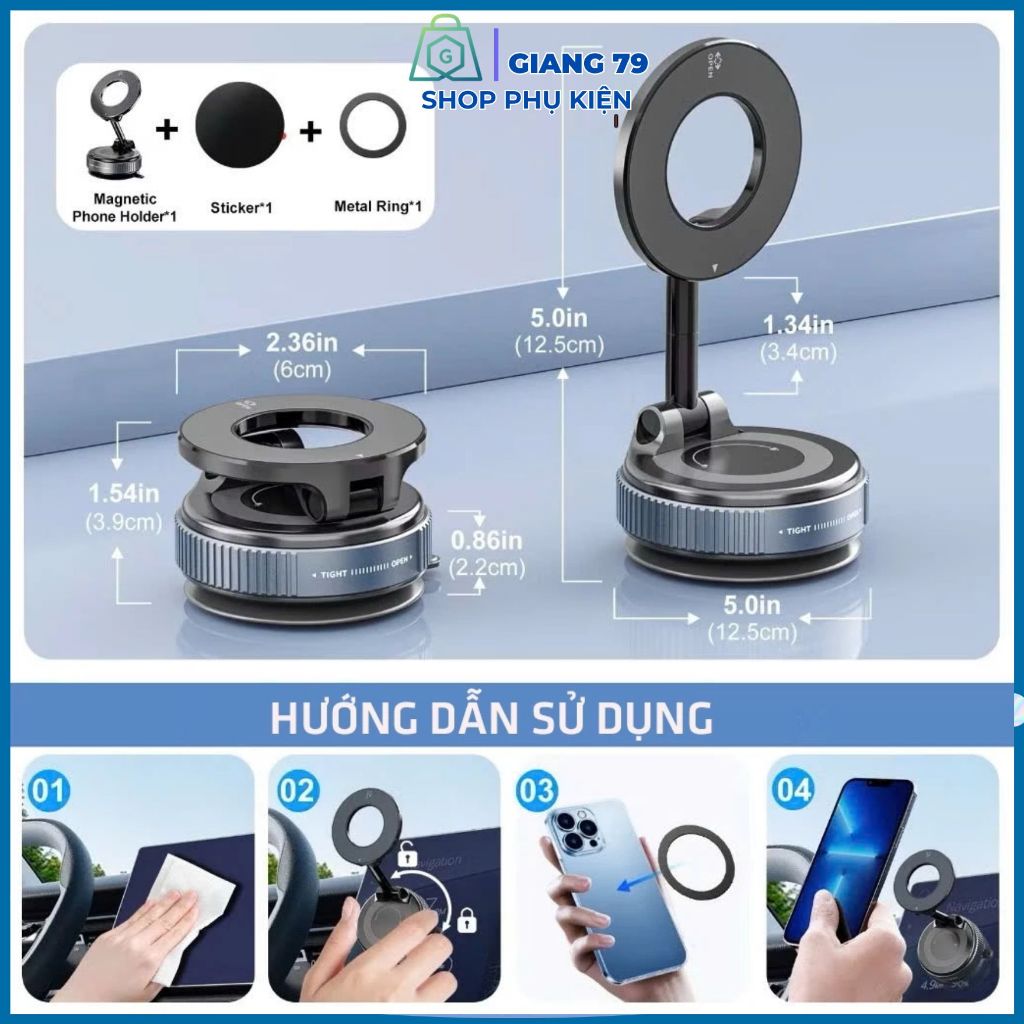 Giá Đỡ Điện Thoại Từ Tính Trên Xe Hơi K007 Đế  Hút Chân Không, Xoay 360. Gập 180