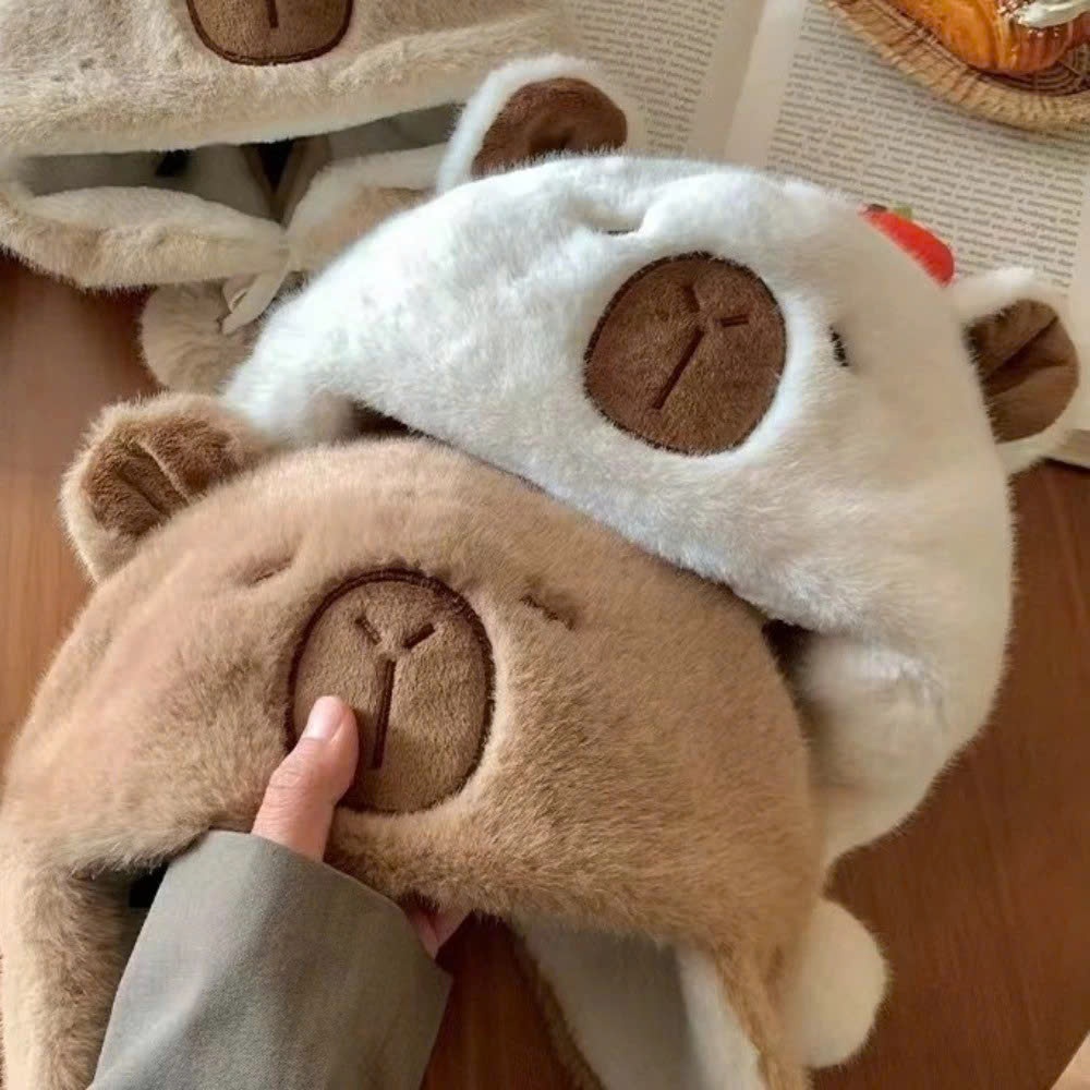 Mũ capybara bịt tai dây quả bông mẫu mới năm 2025 mũ lông ấm áp thời trang