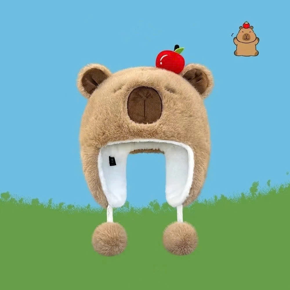 Mũ capybara bịt tai dây quả bông mẫu mới năm 2025 mũ lông ấm áp thời trang
