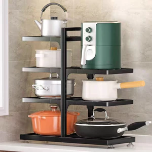Giá đỡ nồi bằng thép carbon có thể điều chỉnh từ 2 đến 7 tầng, dùng cho kệ bếp và dưới tủ bếp.