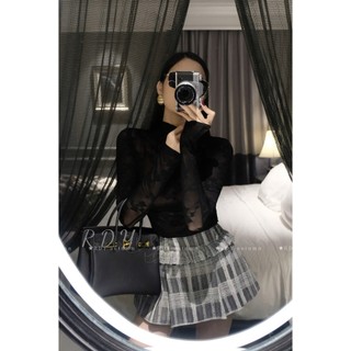 Set nàng thơ áo ren nơ cổ lọ chất co dãn mix chân váy ren xếp ly siêu đẹp sang chảnh dành cho chị em - Baotrang.clothes