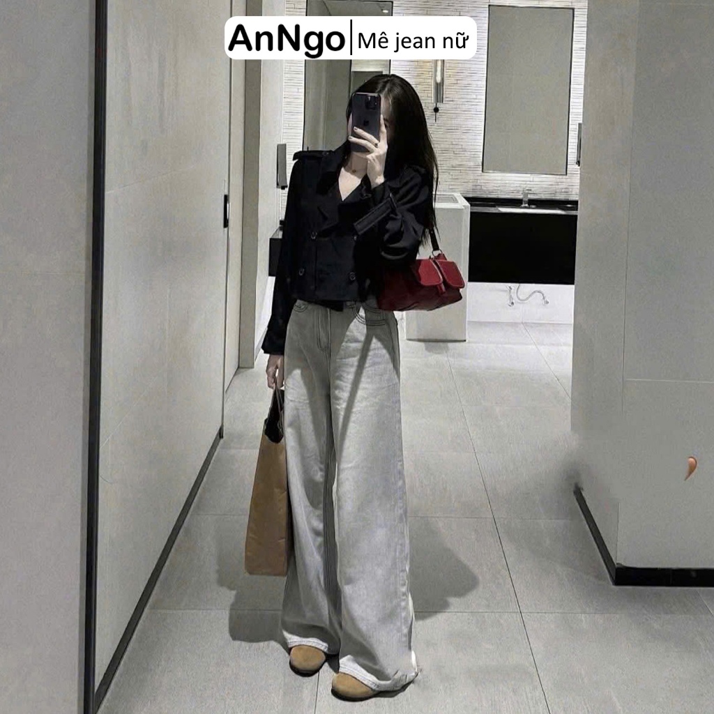 (Có big size) Quần jean ống suông nữ xám nhạt cá tính, chất jean denim không giãn dày dặn Anngo - AT559