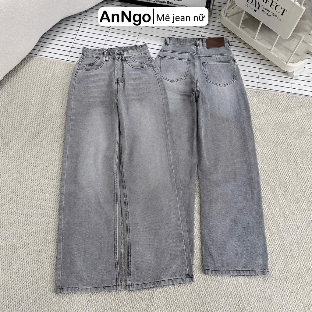 (Có big size) Quần jean ống suông nữ xám nhạt cá tính, chất jean denim không giãn dày dặn Anngo - AT559