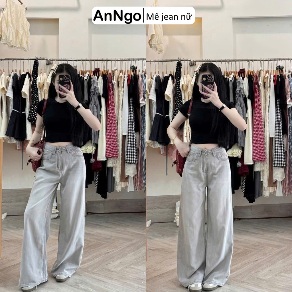 (Có big size) Quần jean ống suông nữ xám nhạt cá tính, chất jean denim không giãn dày dặn Anngo - AT559
