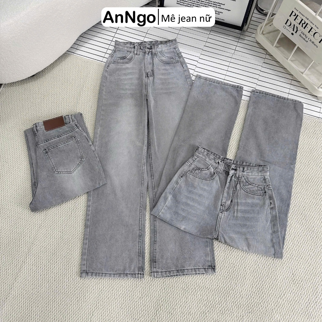 (Có big size) Quần jean ống suông nữ xám nhạt cá tính, chất jean denim không giãn dày dặn Anngo - AT559